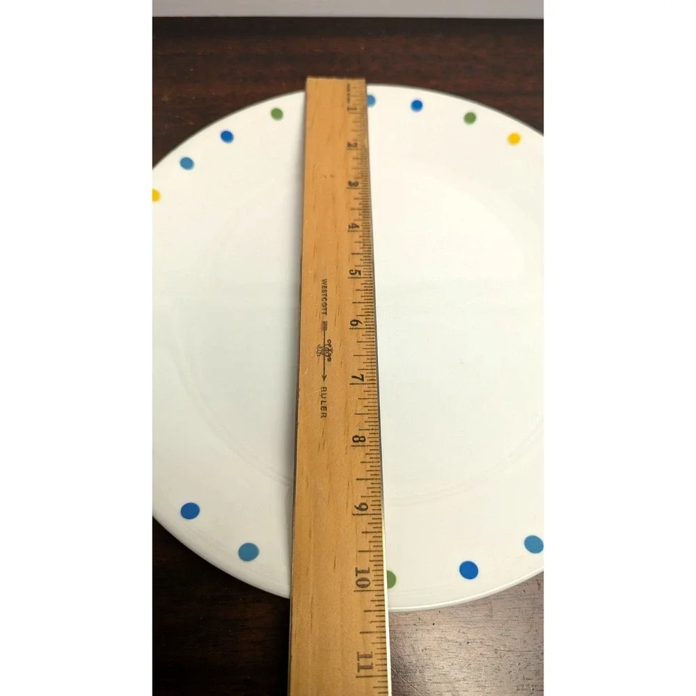 Vintage Corelle Cordot Dinner Plates White Blue Green Yellow Dots Set of 2